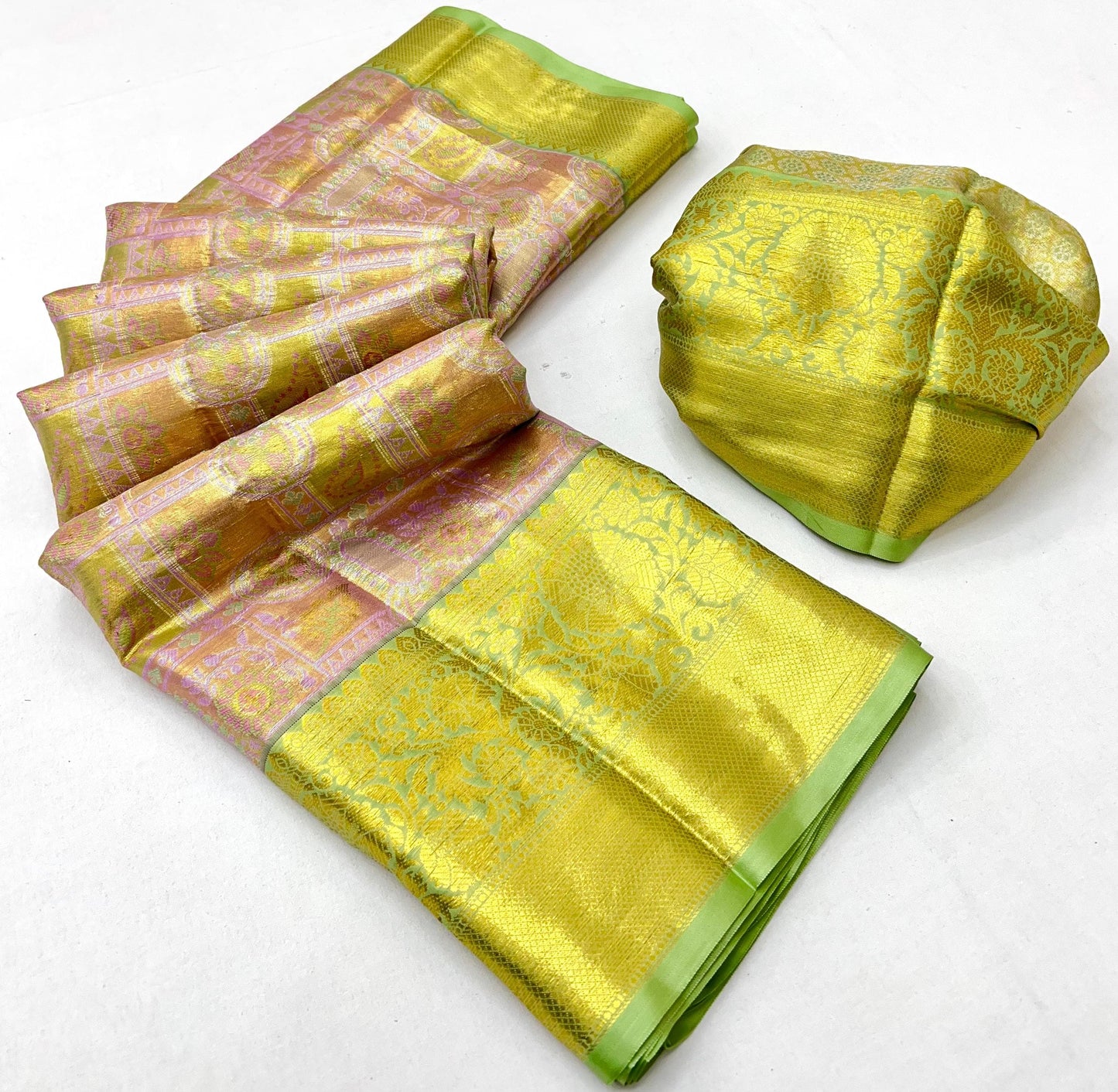 Exclusive Lime Green & Rose Gold Kanjivaram Silk Saree