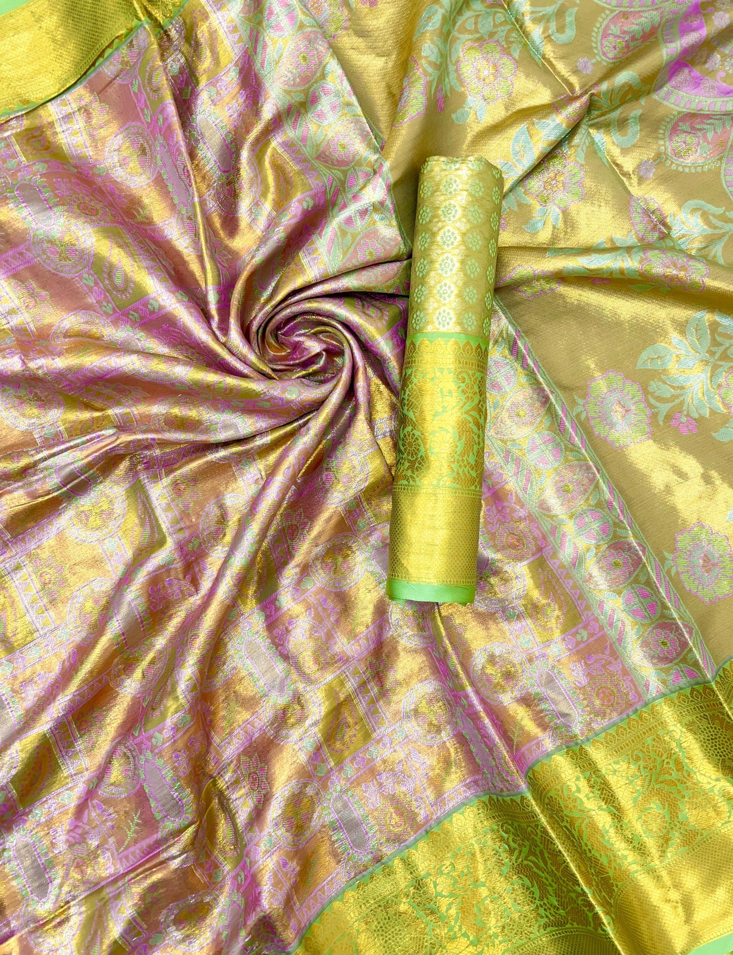 Exclusive Lime Green & Rose Gold Kanjivaram Silk Saree