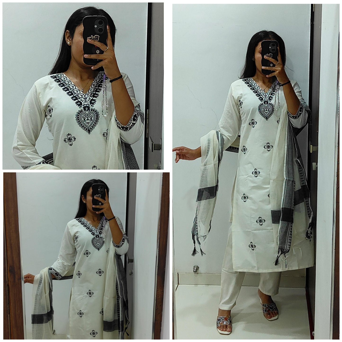 Designer Ethnic Wear White Khadi Cotton Embroidered Kurti Pant Dupatta Set