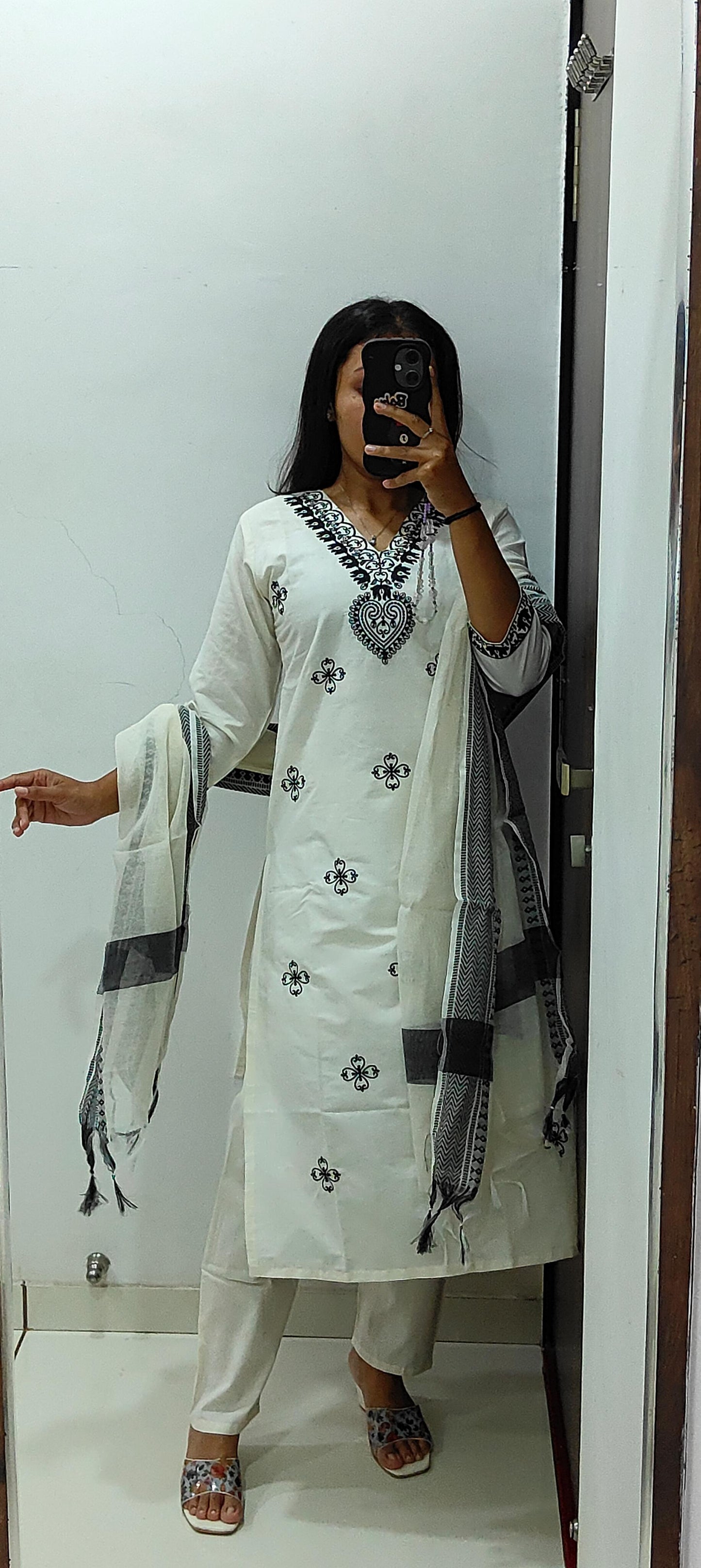 Designer Ethnic Wear White Khadi Cotton Embroidered Kurti Pant Dupatta Set