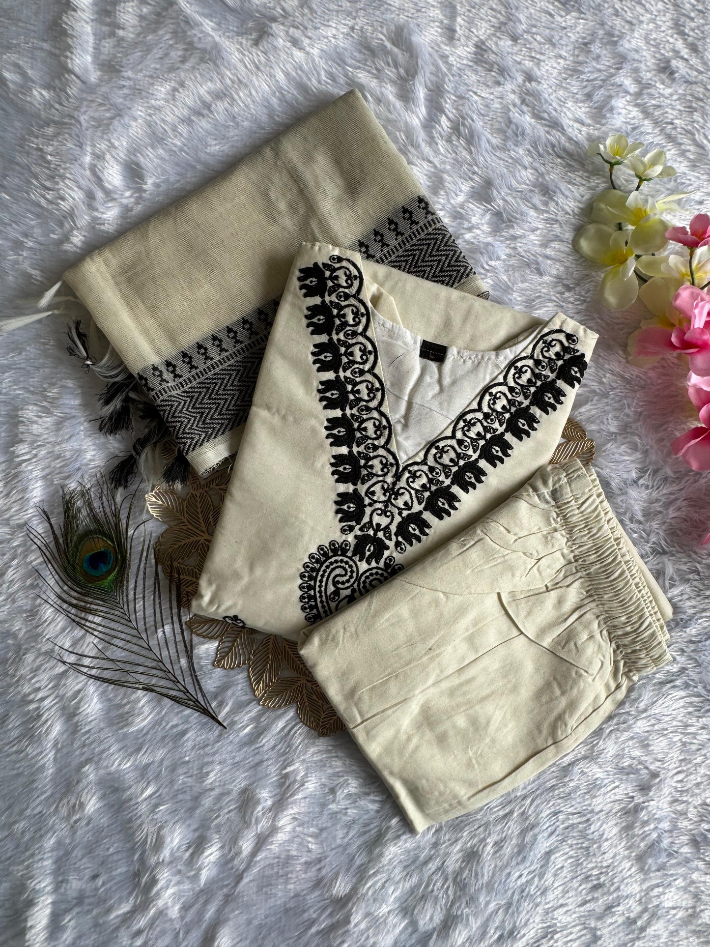 Designer Ethnic Wear White Khadi Cotton Embroidered Kurti Pant Dupatta Set