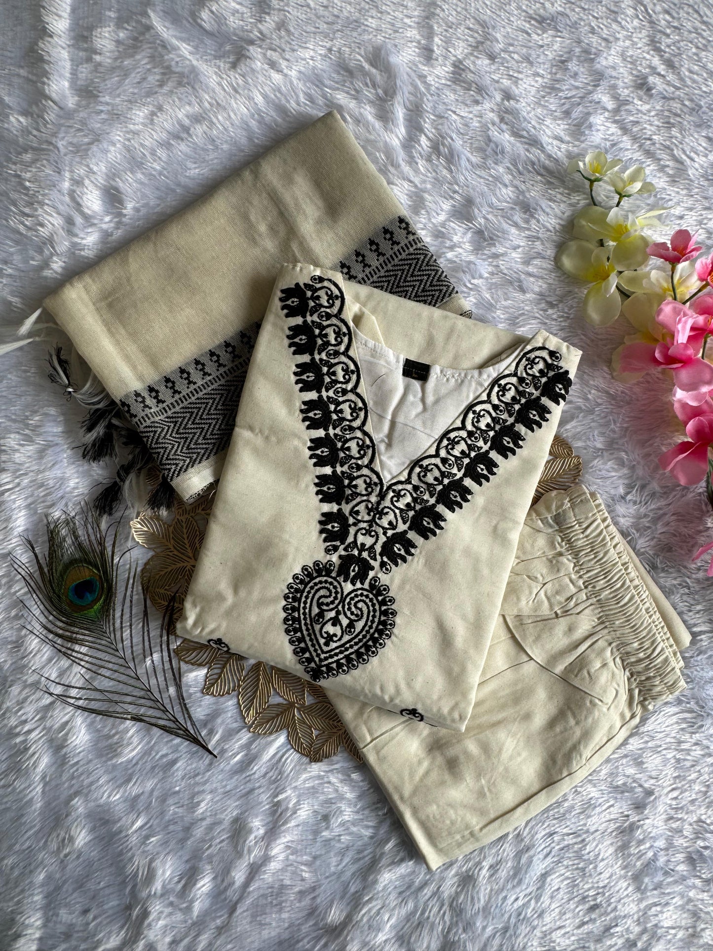 Designer Ethnic Wear White Khadi Cotton Embroidered Kurti Pant Dupatta Set