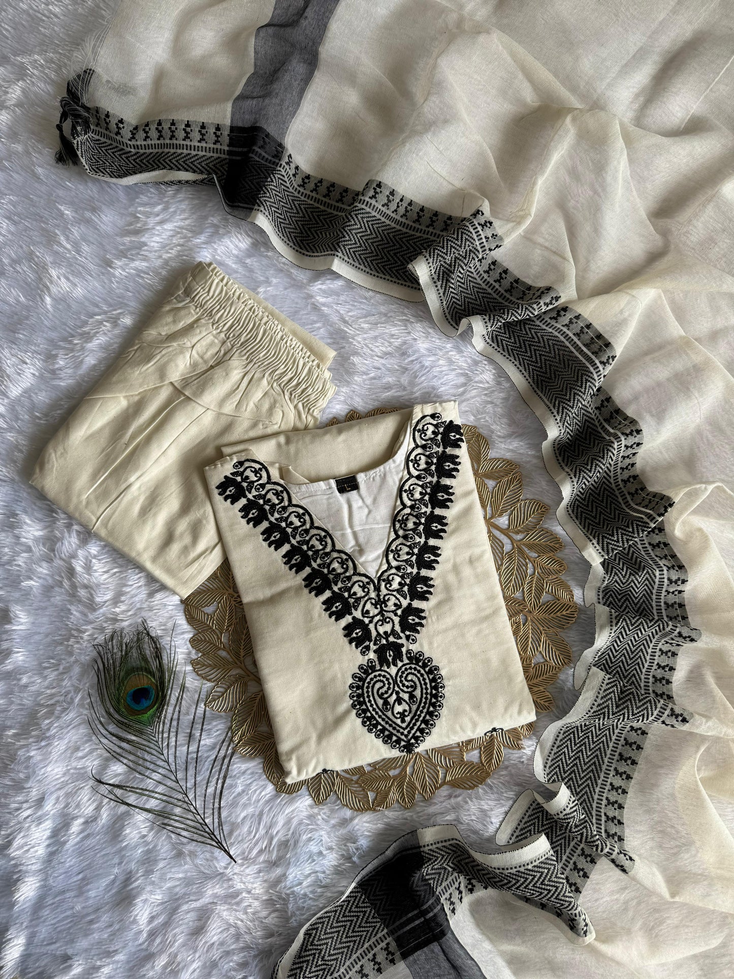 Designer Ethnic Wear White Khadi Cotton Embroidered Kurti Pant Dupatta Set