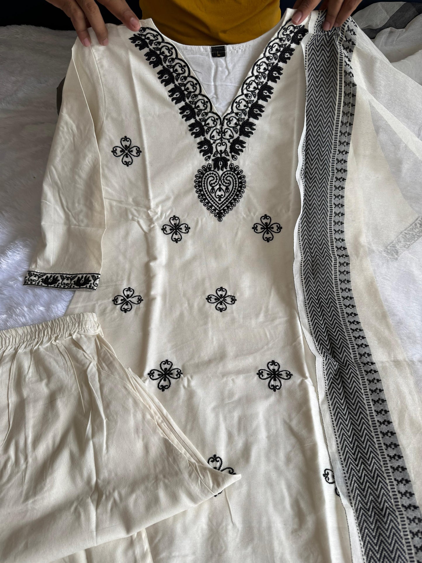 Designer Ethnic Wear White Khadi Cotton Embroidered Kurti Pant Dupatta Set
