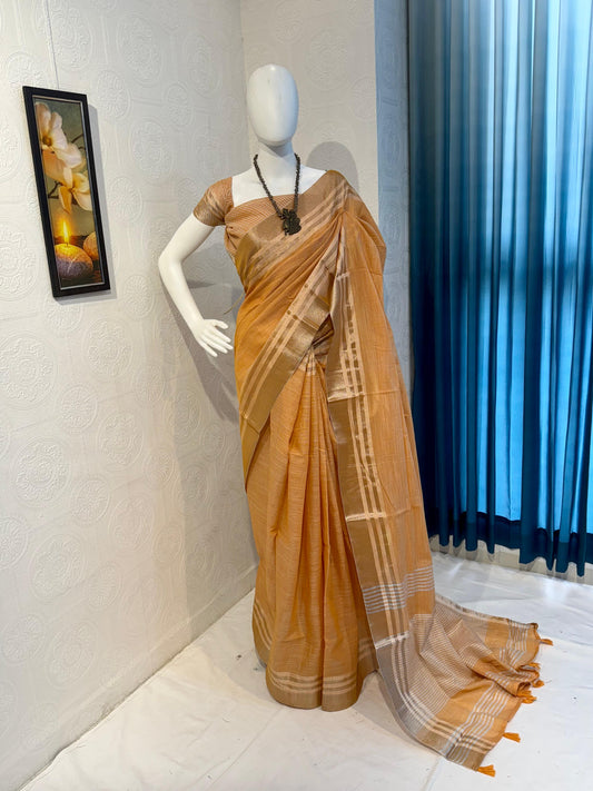 Pure Linen Cotton Saree with Silver Zari Border & Tassel Pallu – Mustard yellow
