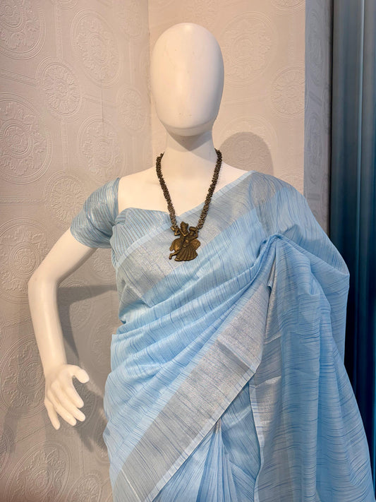 Pure Linen Cotton Saree with Silver Zari Border & Tassel Pallu – Soft & Elegant Drape