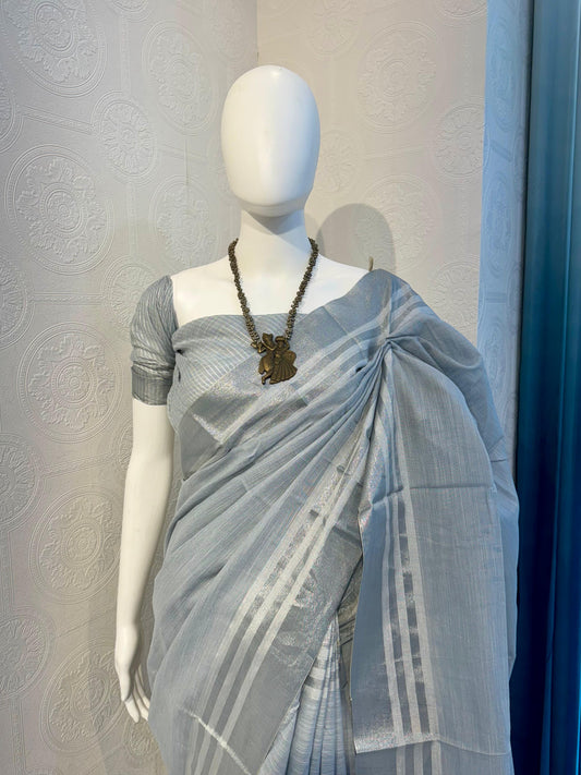 Pure Linen Cotton Saree with Silver Zari Border & Tassel Pallu – Soft & Elegant Drape