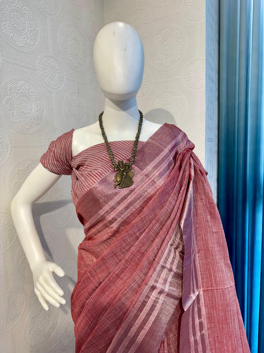 Pure Linen Cotton Saree with Silver Zari Border & Tassel Pallu-Red