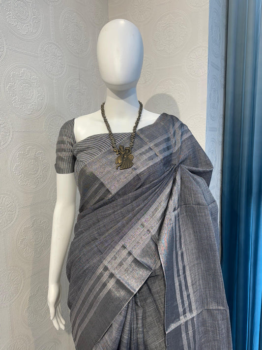 Pure Linen Cotton Saree with Silver Zari Border & Tassel Pallu – Soft & Elegant Drape