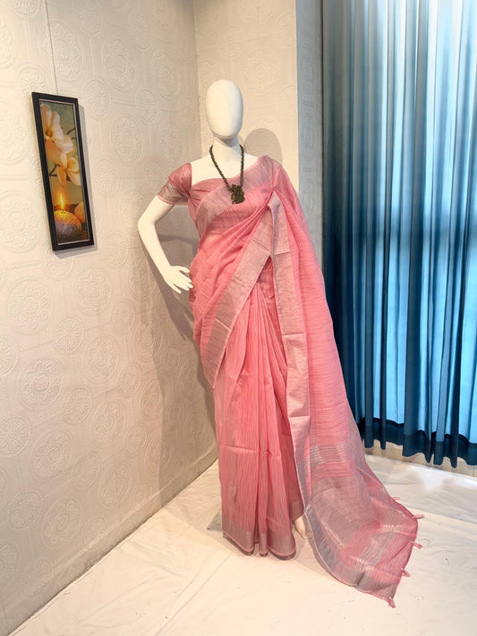 Pure Linen Cotton Saree with Silver Zari Border & Tassel Pallu – Soft & Elegant Drape