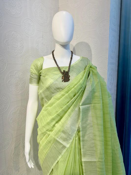 Pure Linen Cotton Saree with Silver Zari Border & Tassel Pallu – Soft & Elegant Drape