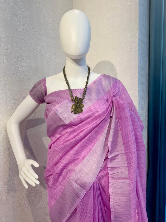 Pure Linen Cotton Saree with Silver Zari Border & Tassel Pallu-purple