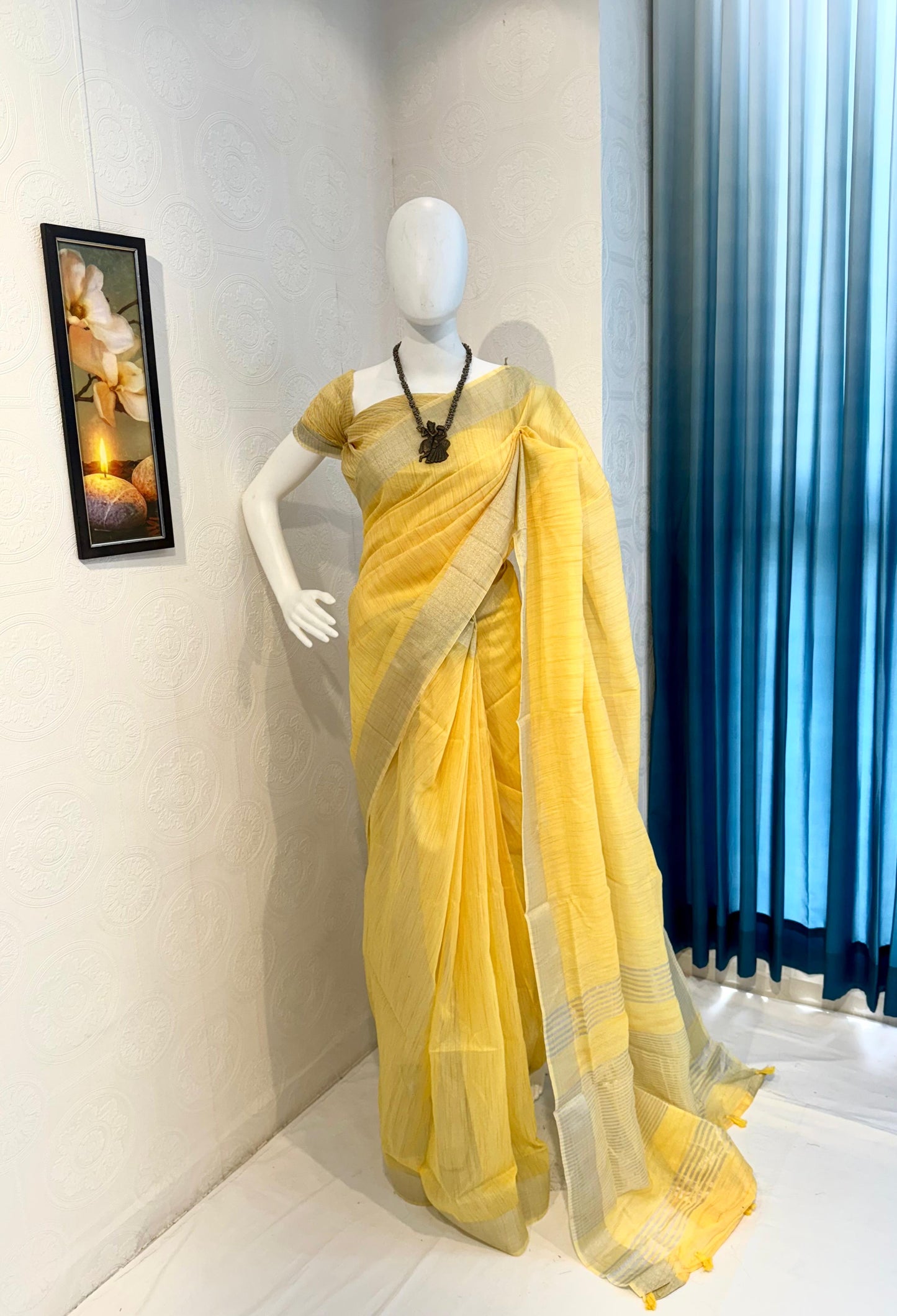 Pure Linen Cotton Saree with Silver Zari Border & Tassel Pallu – Yellow