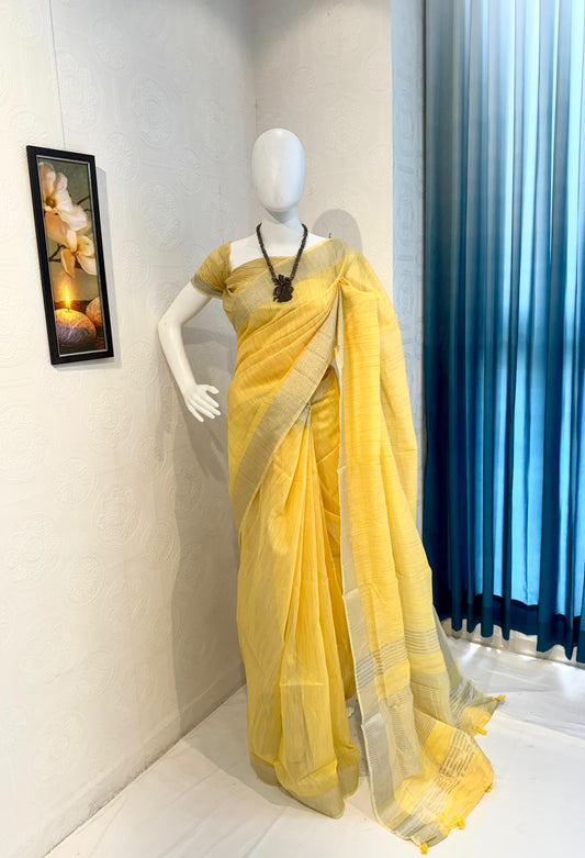 Pure Linen Cotton Saree with Silver Zari Border & Tassel Pallu – Yellow