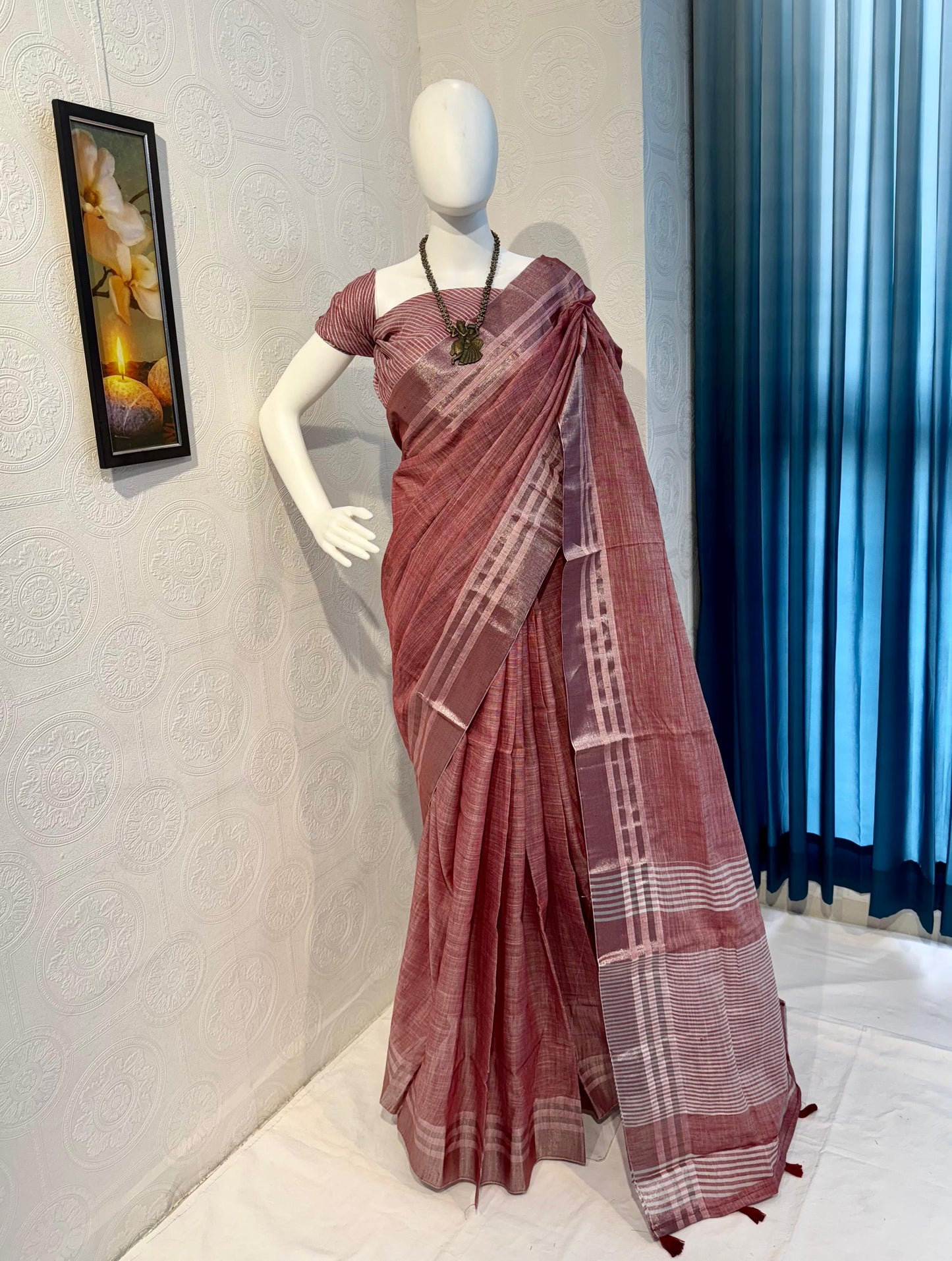 Pure Linen Cotton Saree with Silver Zari Border & Tassel Pallu-Red
