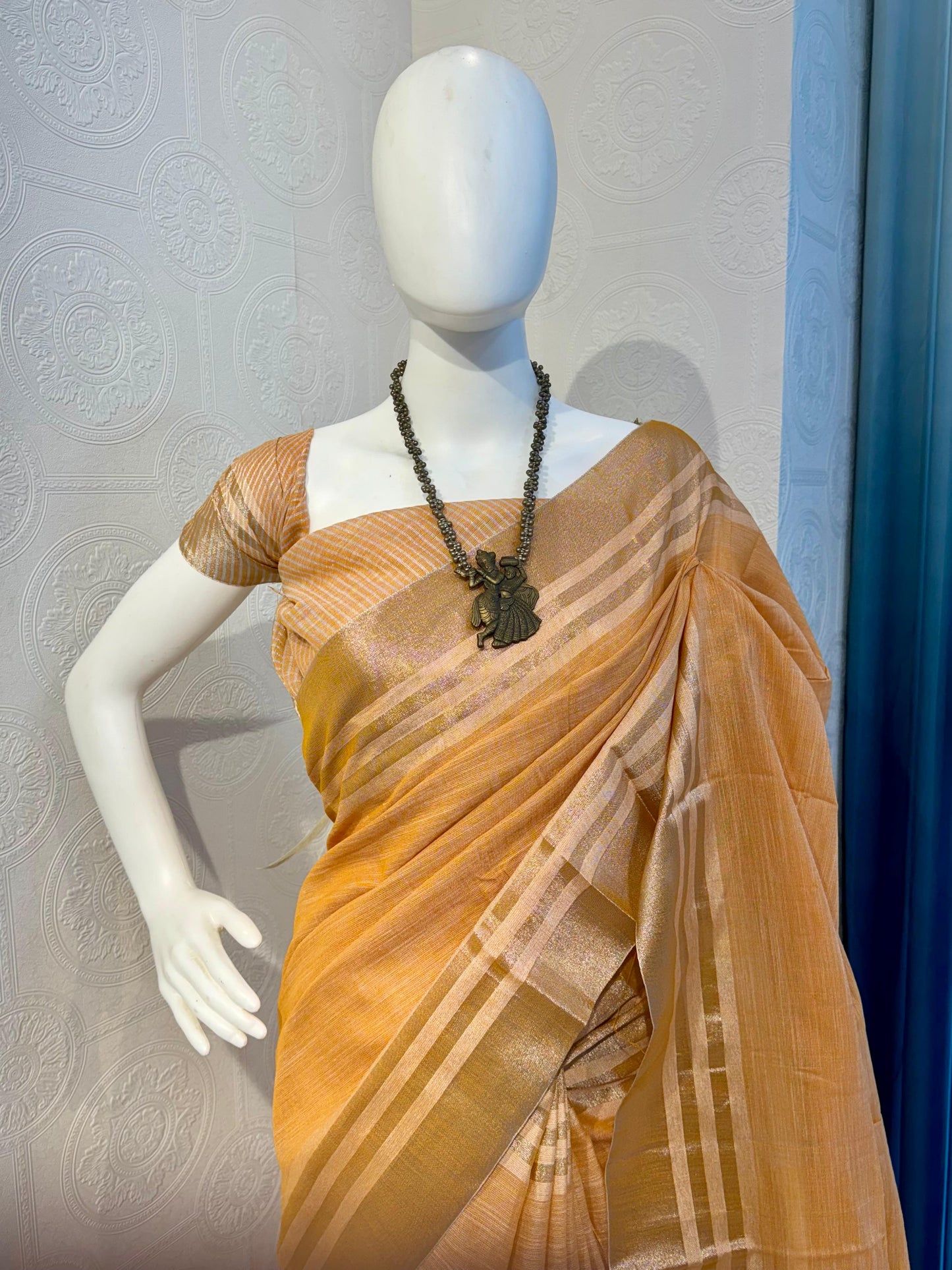 Pure Linen Cotton Saree with Silver Zari Border & Tassel Pallu – Mustard yellow