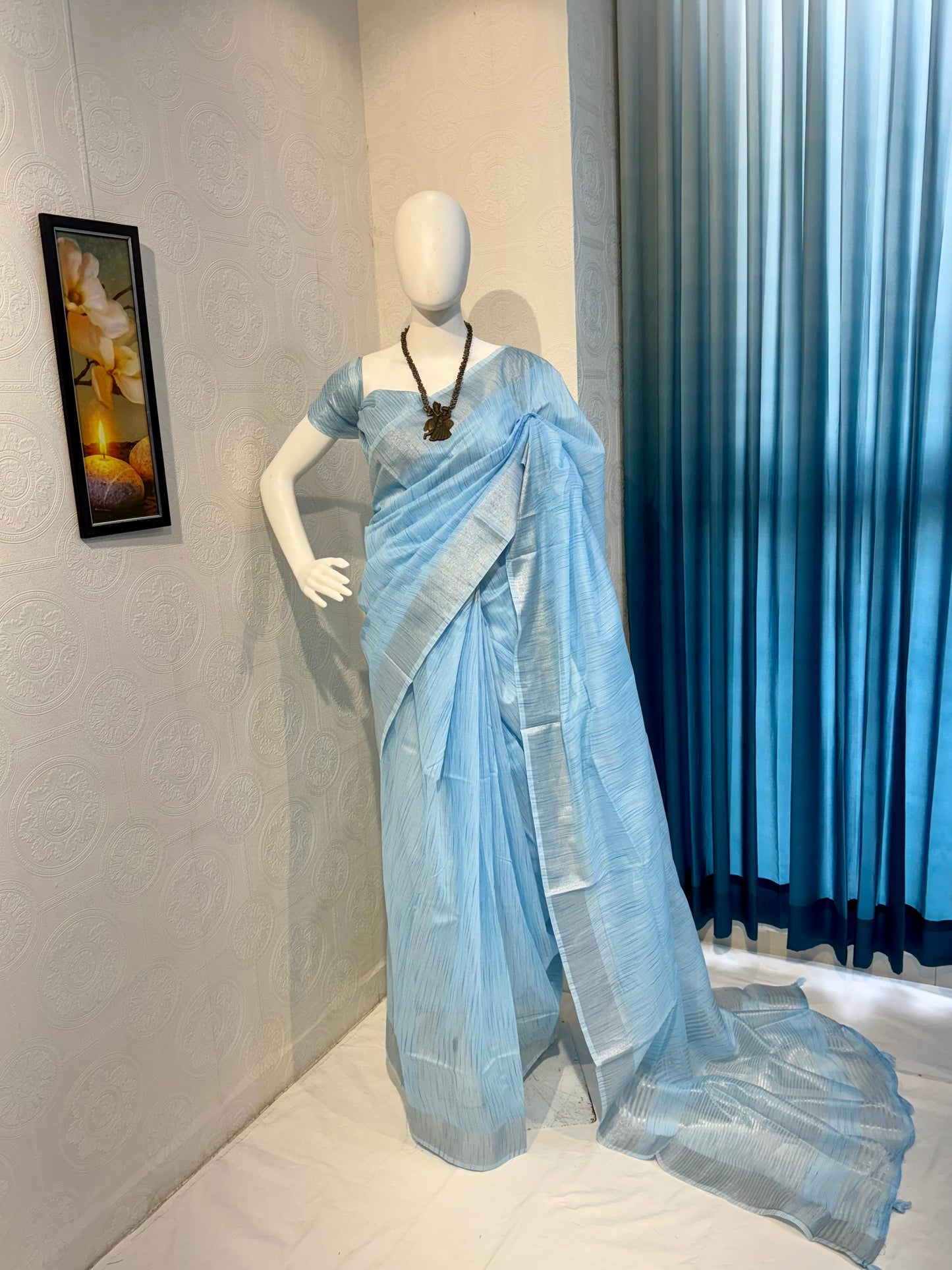 Pure Linen Cotton Saree with Silver Zari Border & Tassel Pallu – Soft & Elegant Drape