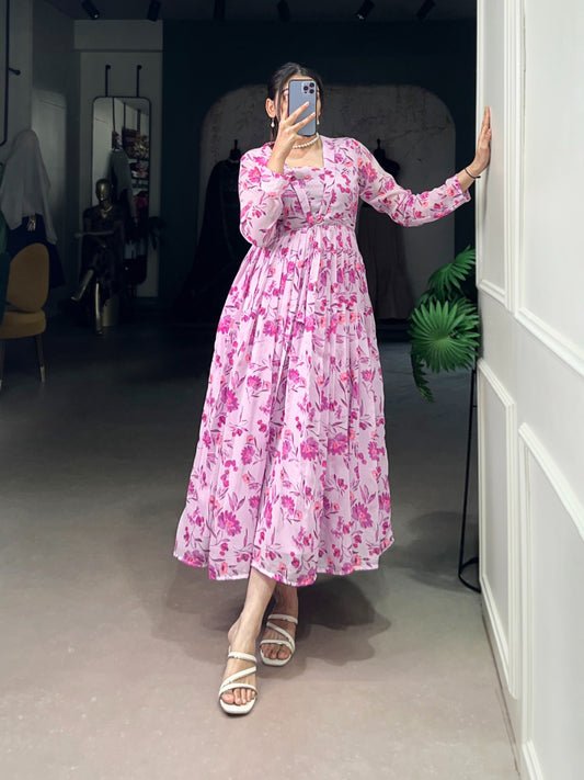 Stylish Floral Pink Georgette Frock Dress
