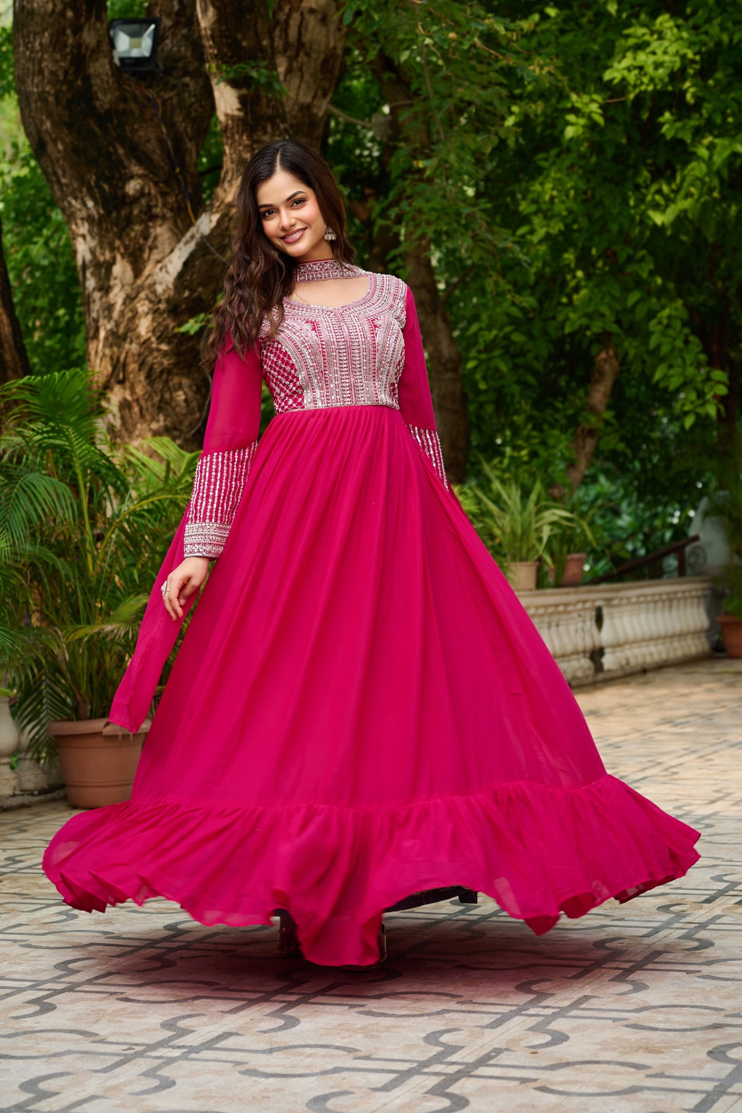 Premium Star Georgette Designer Gown with Embroidery & Sequins Work – Includes Dupatta