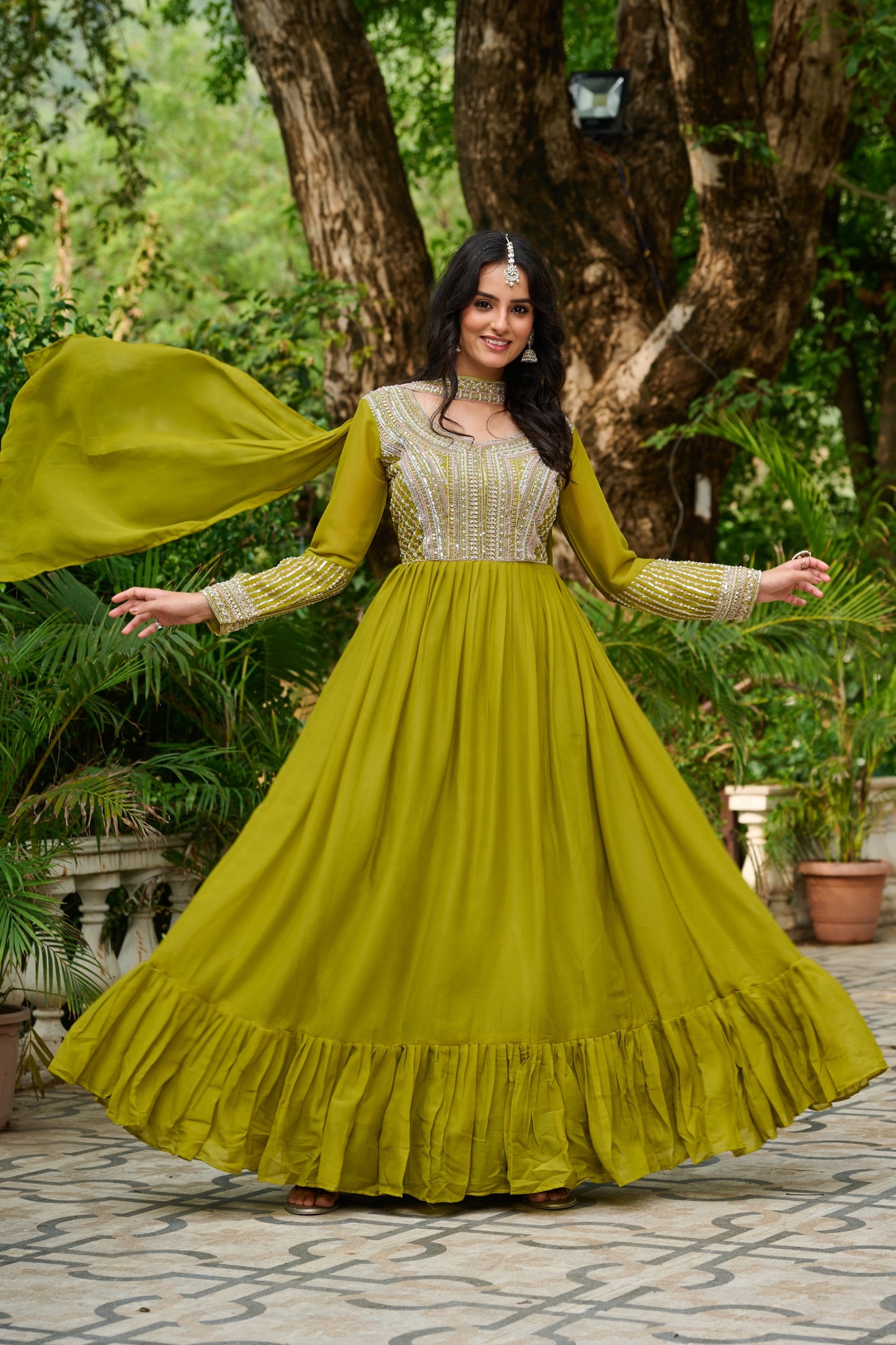 Premium Star Georgette Designer Gown with Embroidery & Sequins Work – Includes Dupatta