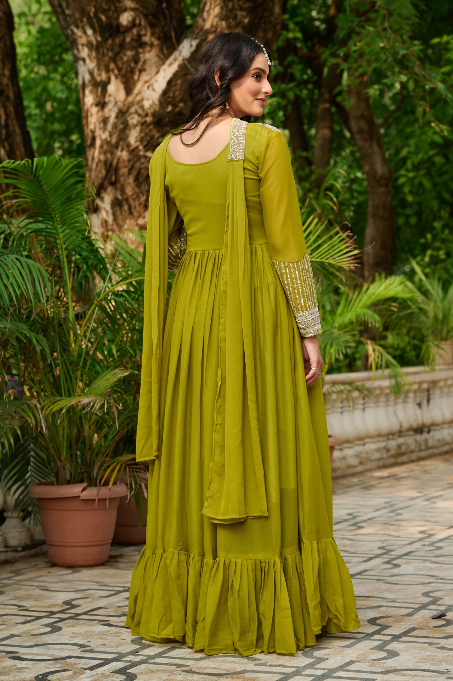 Premium Star Georgette Designer Gown with Embroidery & Sequins Work – Includes Dupatta