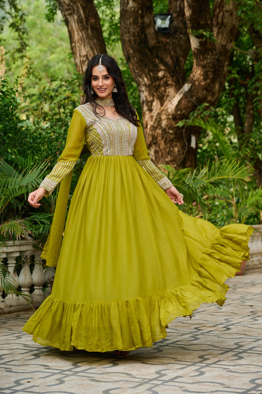 Premium Star Georgette Designer Gown with Embroidery & Sequins Work – Includes Dupatta