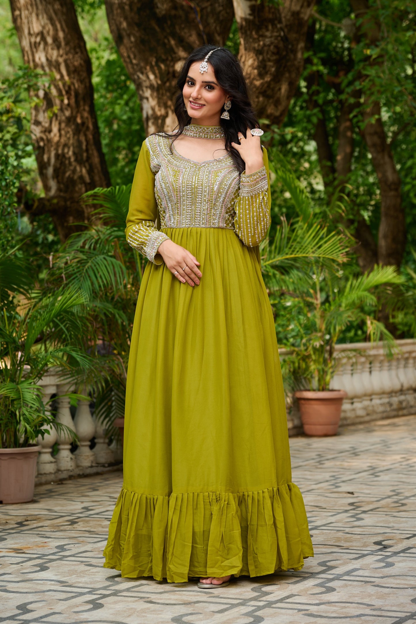 Premium Star Georgette Designer Gown with Embroidery & Sequins Work – Includes Dupatta