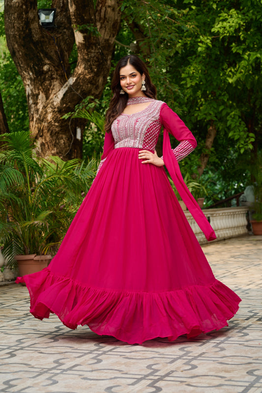 Premium Star Georgette Designer Gown with Embroidery & Sequins Work – Includes Dupatta