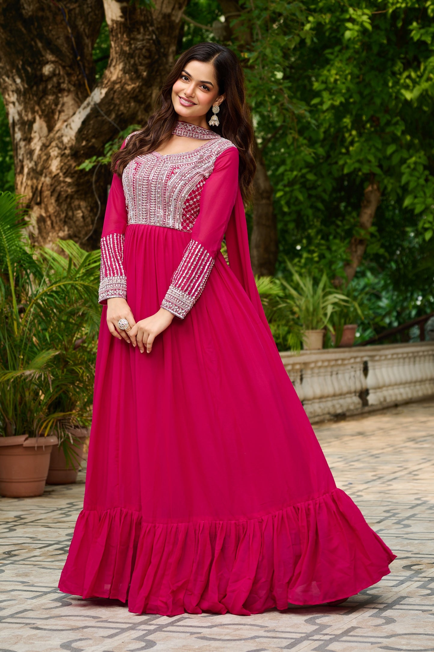 Premium Star Georgette Designer Gown with Embroidery & Sequins Work – Includes Dupatta