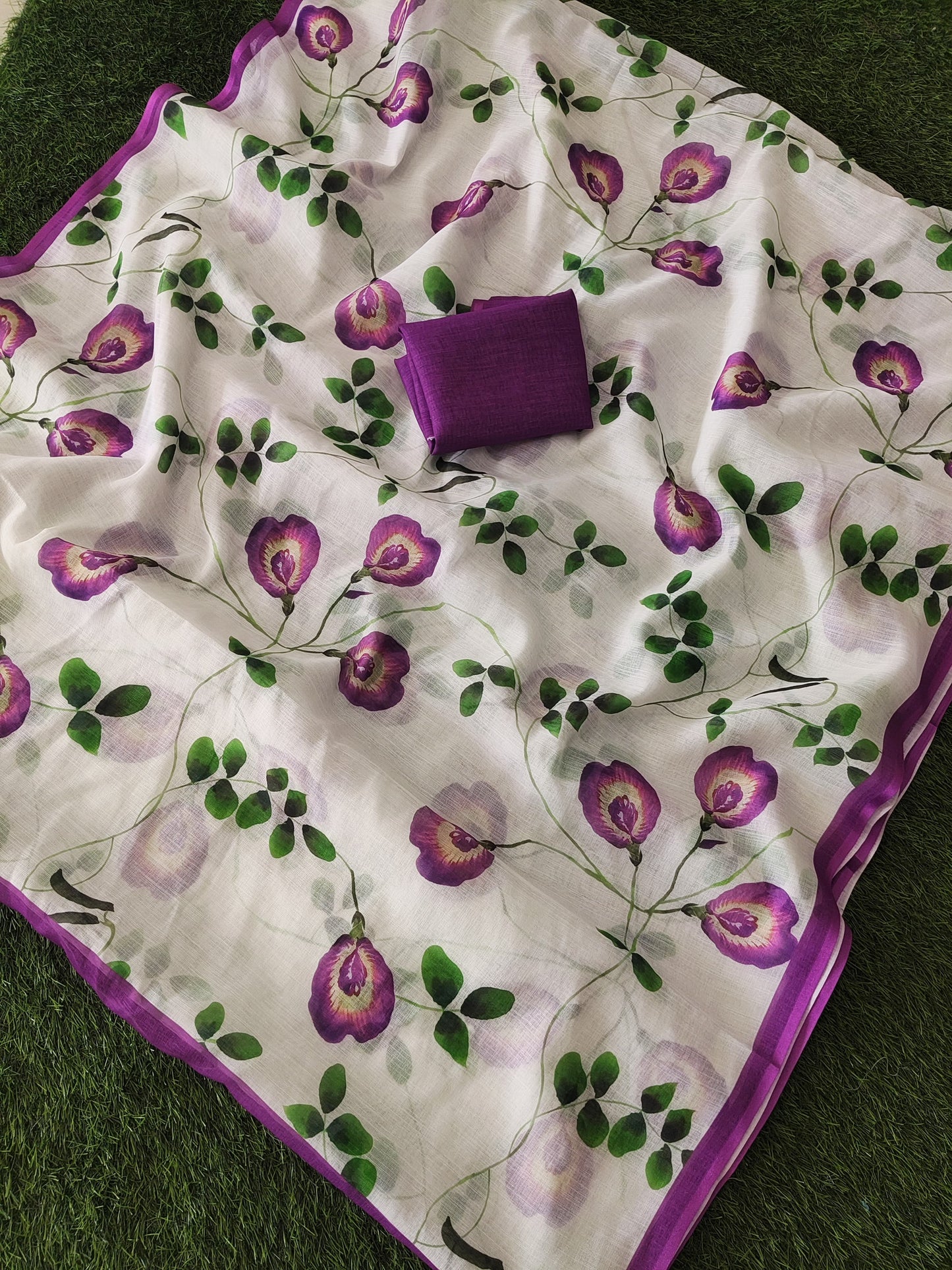 Elegant White Pure Linen Floral Print Saree  | Premium Digital Print Saree with Matching Blouse