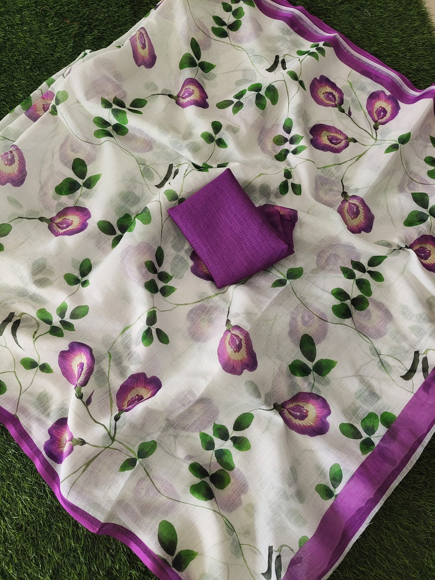 Elegant White Pure Linen Floral Print Saree  | Premium Digital Print Saree with Matching Blouse