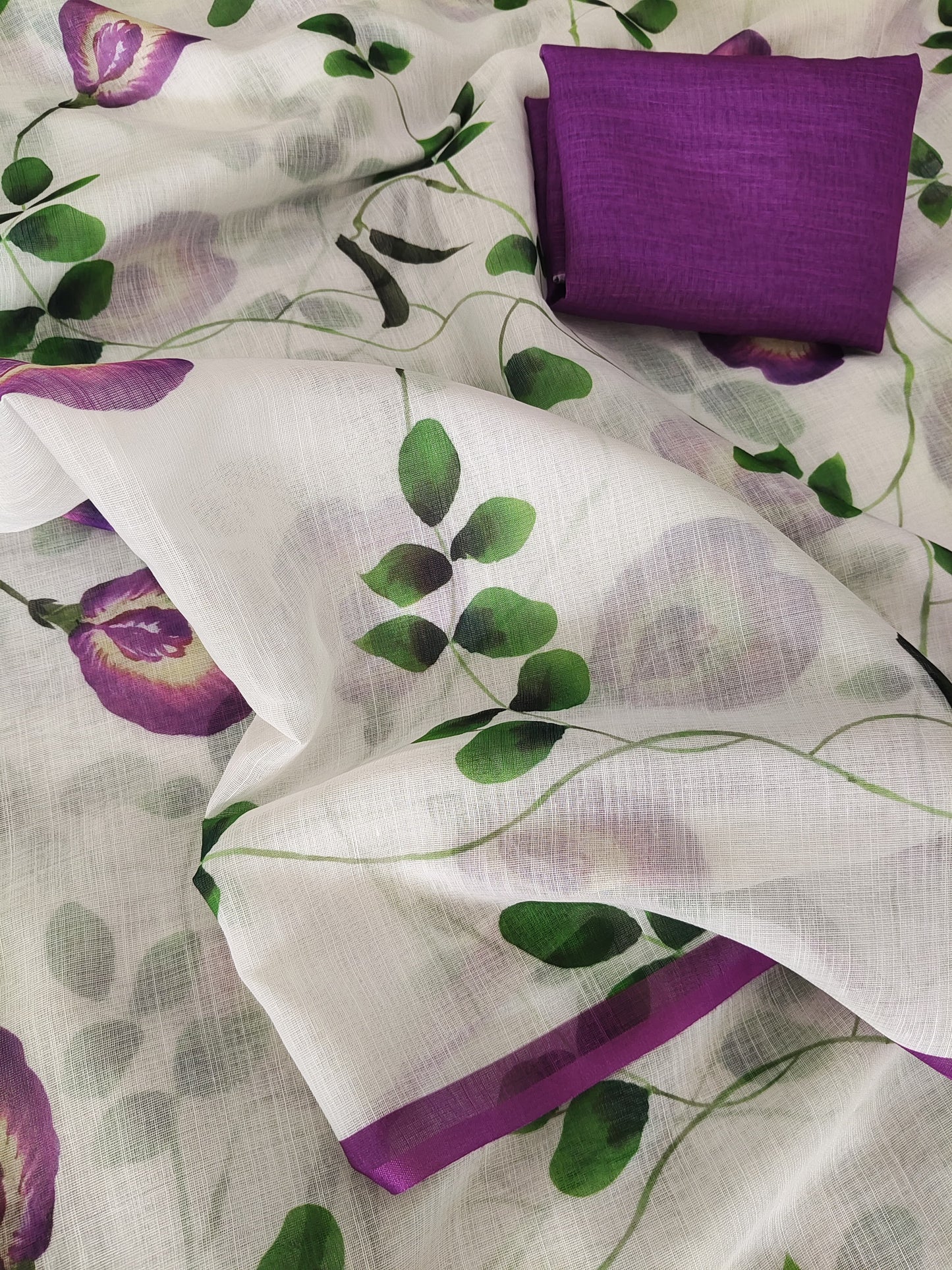 Elegant White Pure Linen Floral Print Saree  | Premium Digital Print Saree with Matching Blouse