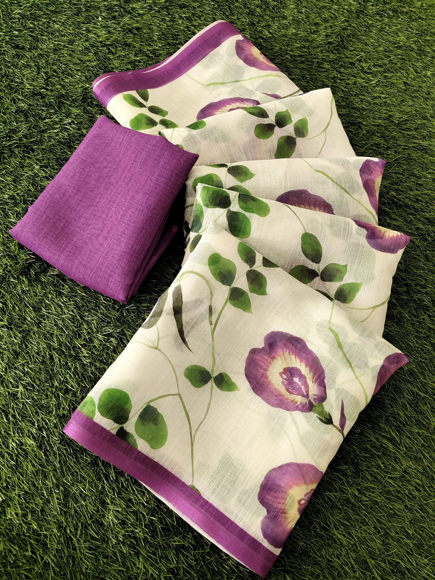 Elegant White Pure Linen Floral Print Saree  | Premium Digital Print Saree with Matching Blouse