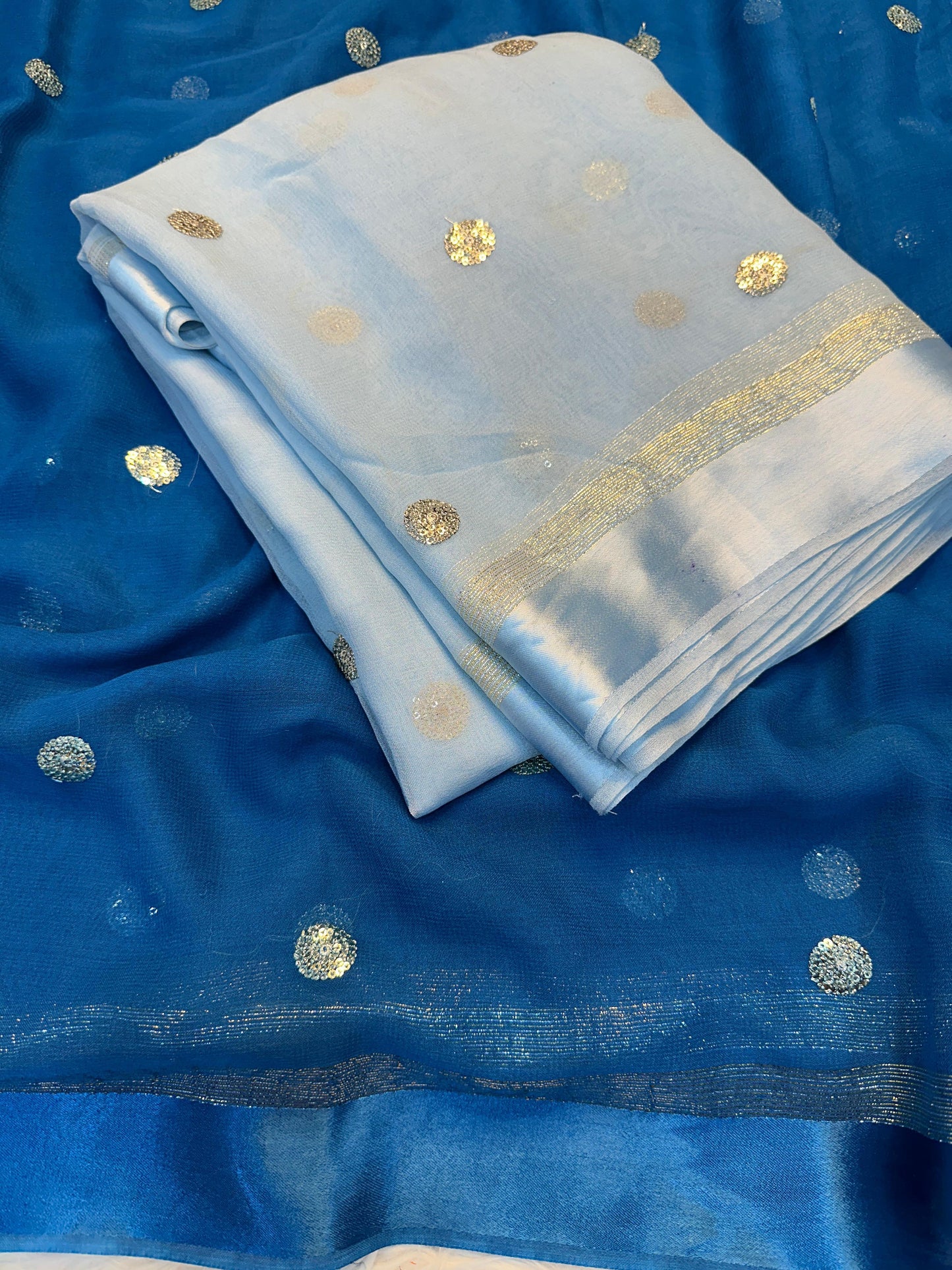 Pure Viscose Georgette Saree with Sequin Butti & Satin Border – Sky Blue