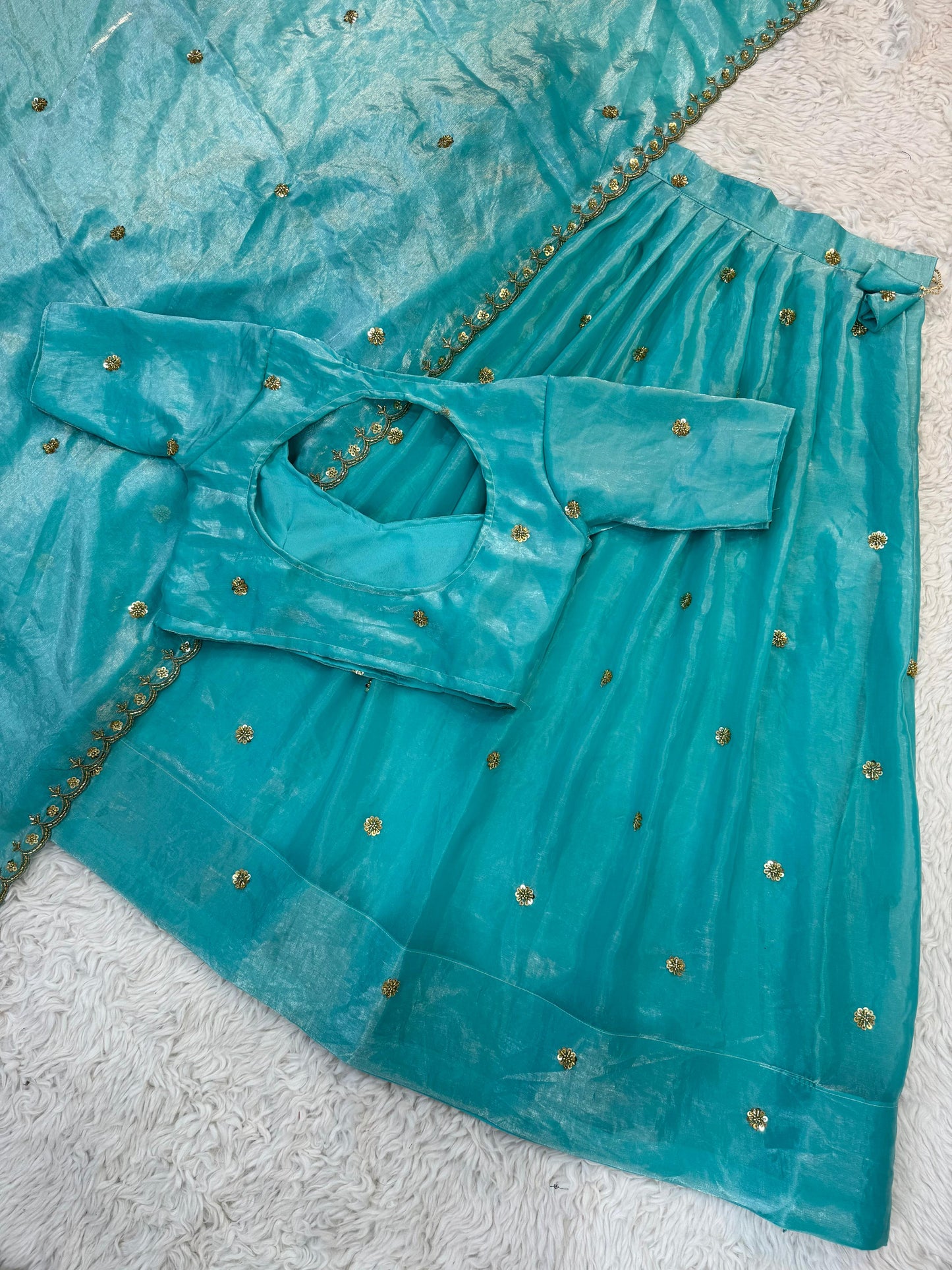 Elegant Festive & Wedding Wear Sky Blue Space Silk Half Saree with Handwork Cutdana & Zari Border