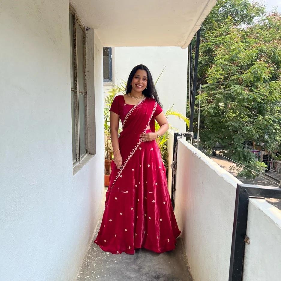 Premium Festive Wear for Women  Dark Pink Space Silk Half Saree with Cutdana & Zari Work