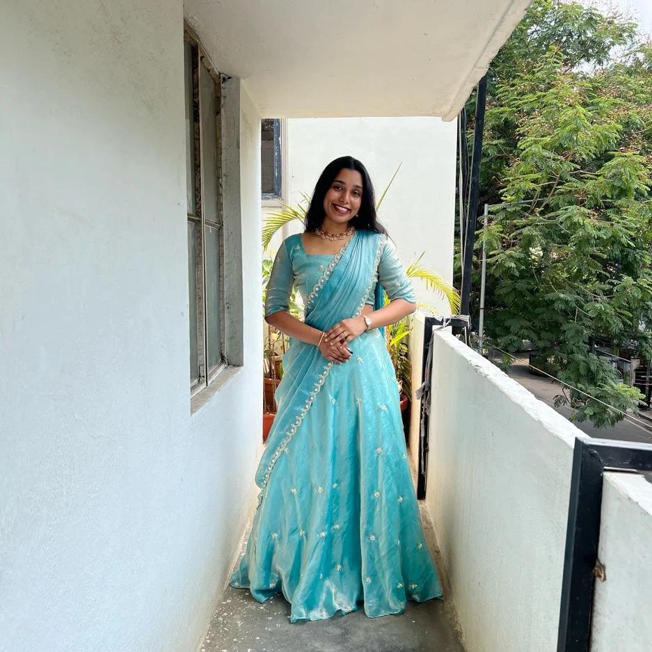 Elegant Festive & Wedding Wear Sky Blue Space Silk Half Saree with Handwork Cutdana & Zari Border