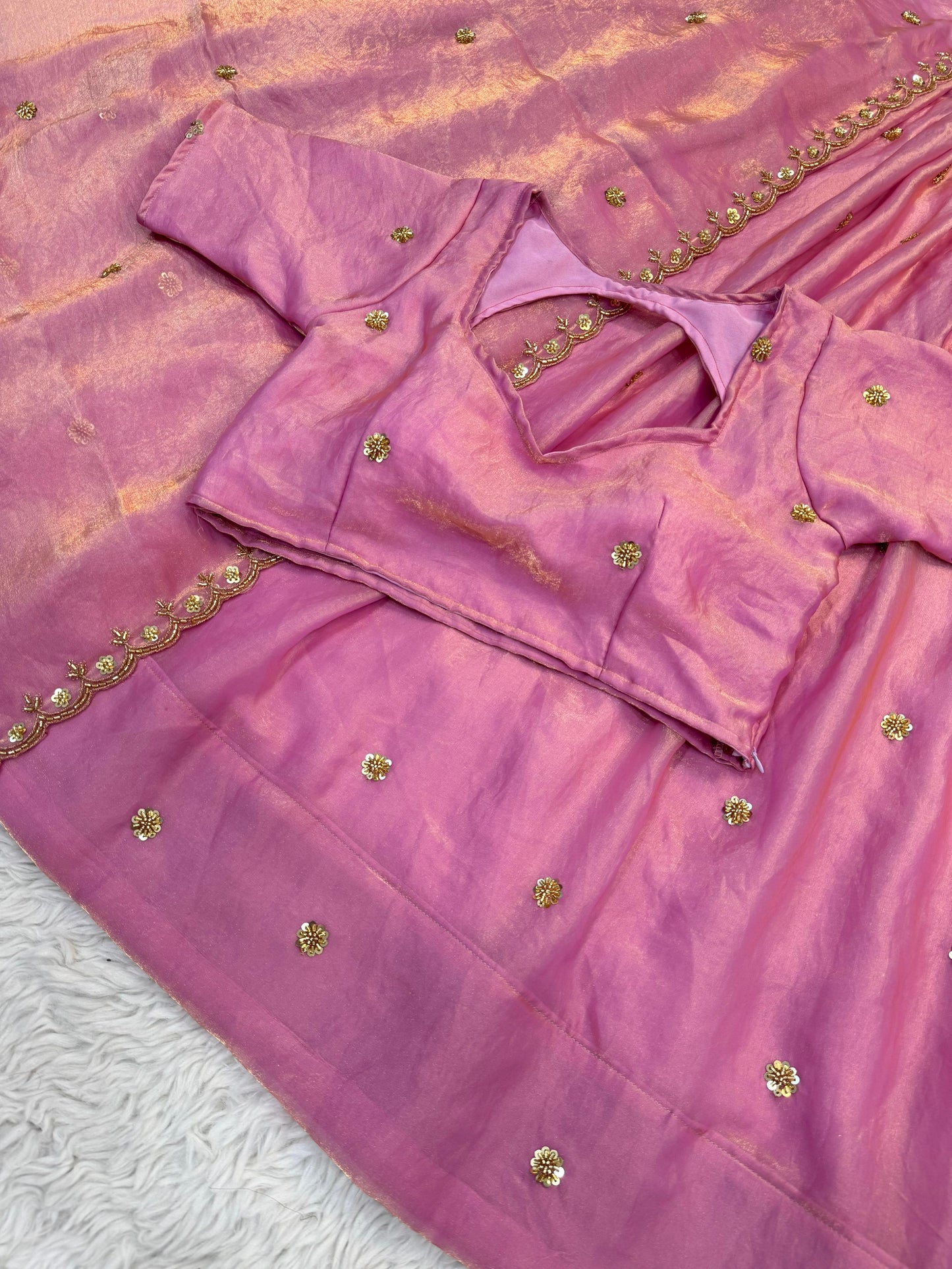 Elegant Festive  Pink Space Silk Half Saree with Cutdana & Zari Handwork