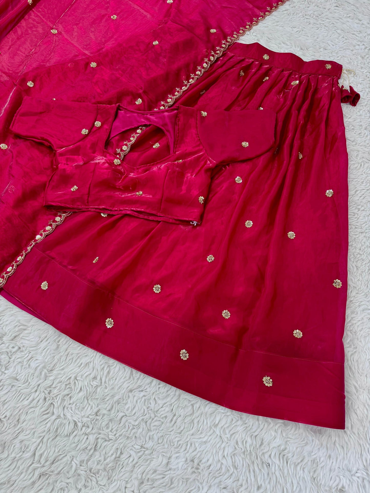 Premium Festive Wear for Women  Dark Pink Space Silk Half Saree with Cutdana & Zari Work