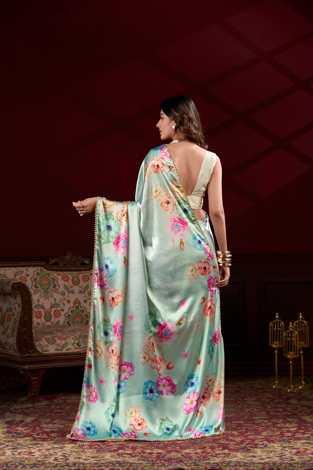 Pearl-Edged Floral Satin Silk Saree – Pista Green