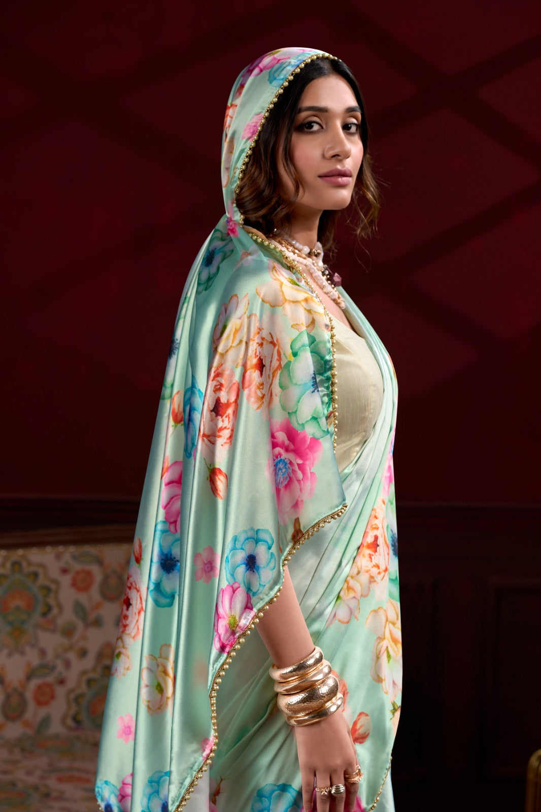 Pearl-Edged Floral Satin Silk Saree – Pista Green