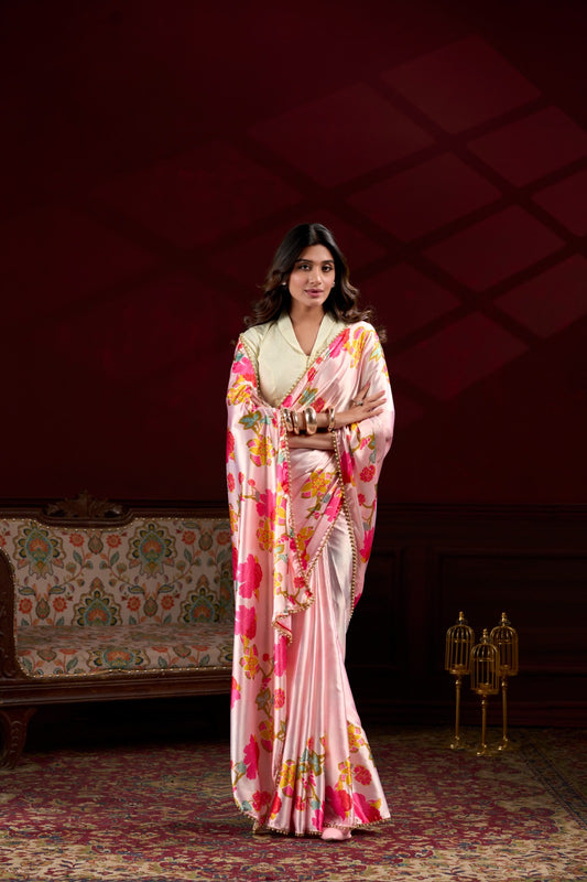 Pearl-Edged Floral Satin Silk Saree – Peach Pink