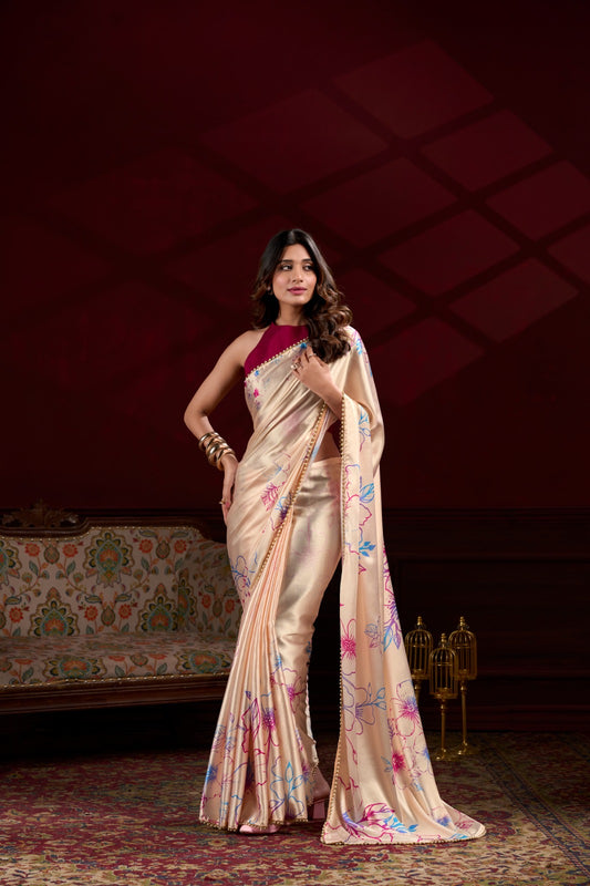 Pearl-Edged Floral Satin Silk Saree – Cream Beige