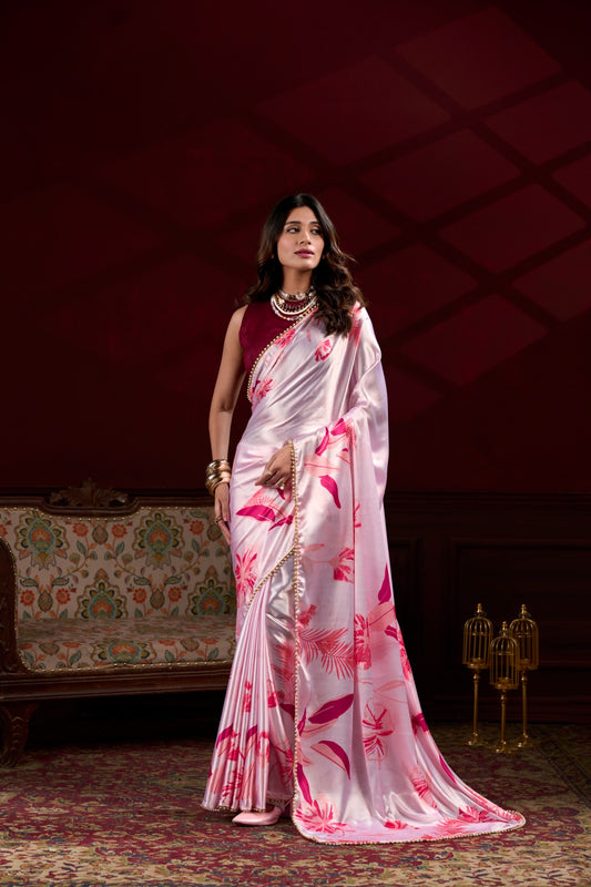 Pearl-Edged Floral Satin Silk Saree – Light Pink