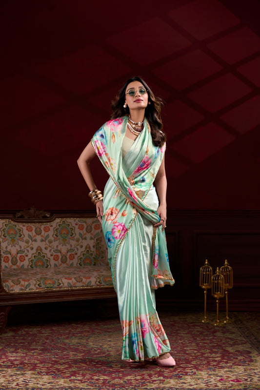 Pearl-Edged Floral Satin Silk Saree – Pista Green