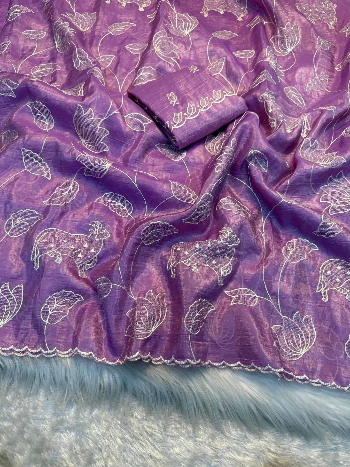 Premium Lavender Soft Crunchy Designer Partywear Saree with Multi Embroidery Blouse