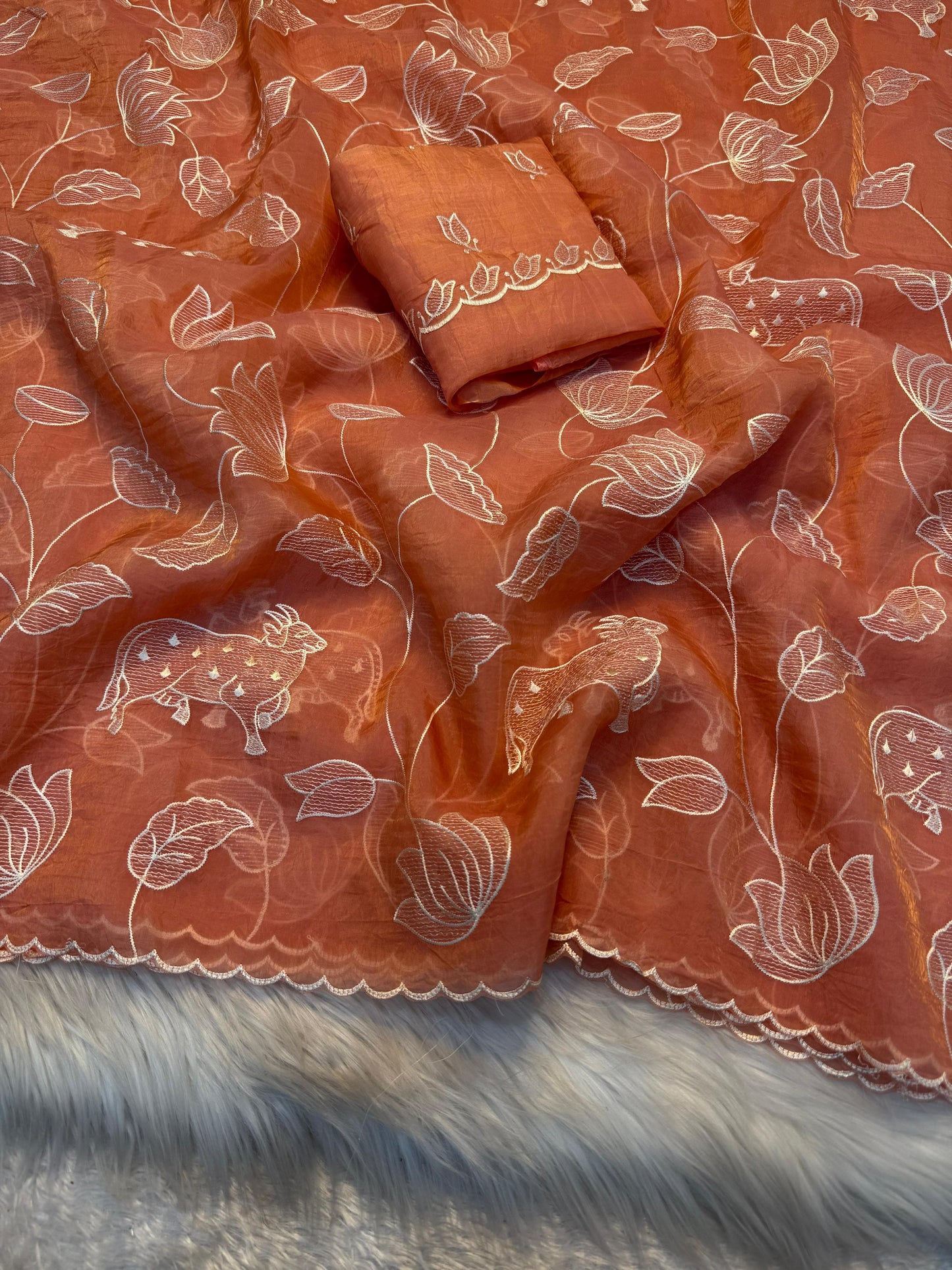Exclusive Orange Soft Crunchy Designer Partywear Saree with Multi Embroidery  Blouse