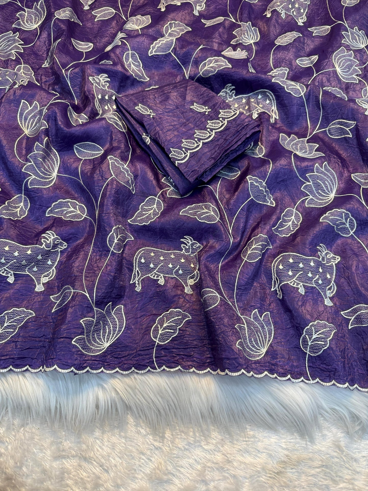 Elegant Violet Soft Crunchy Designer Partywear Saree with Multi Embroidery  Blouse