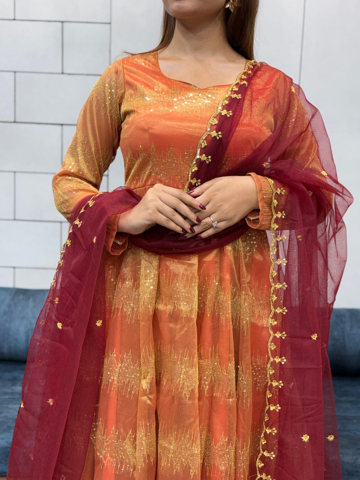 Stylish Ethnic Wear Tissue Embroidery Gown with Butterfly Net Dupatta