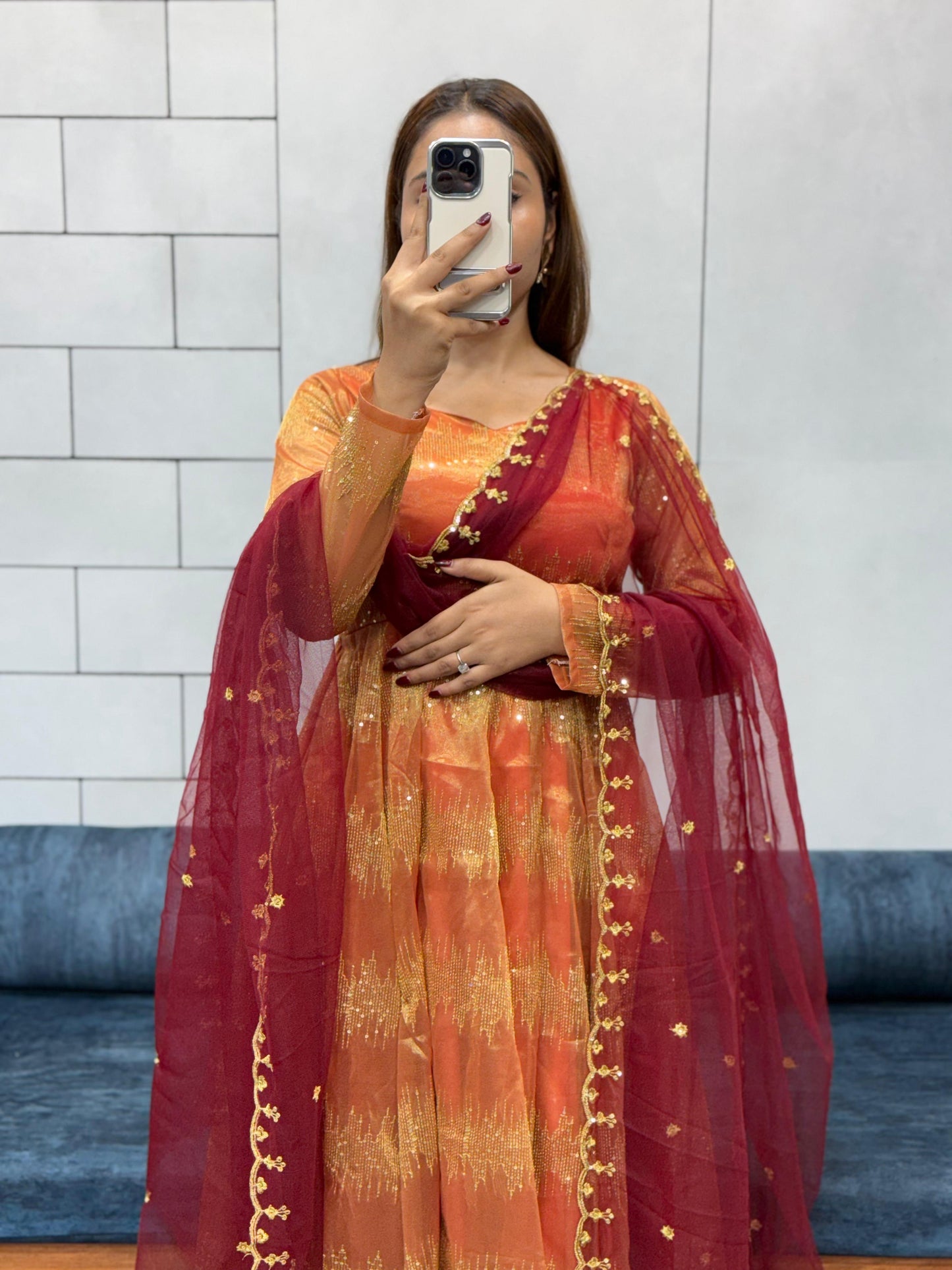Stylish Ethnic Wear Tissue Embroidery Gown with Butterfly Net Dupatta